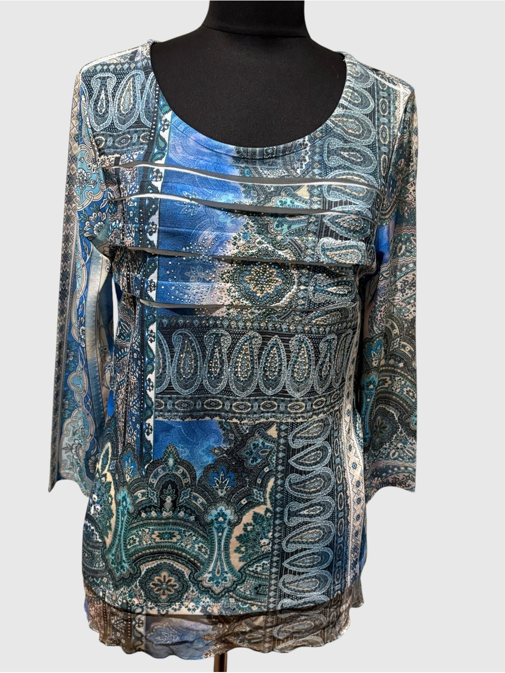 Chico's Blue Paisley embellished tiered 3/4 sleeves top size 1 US M